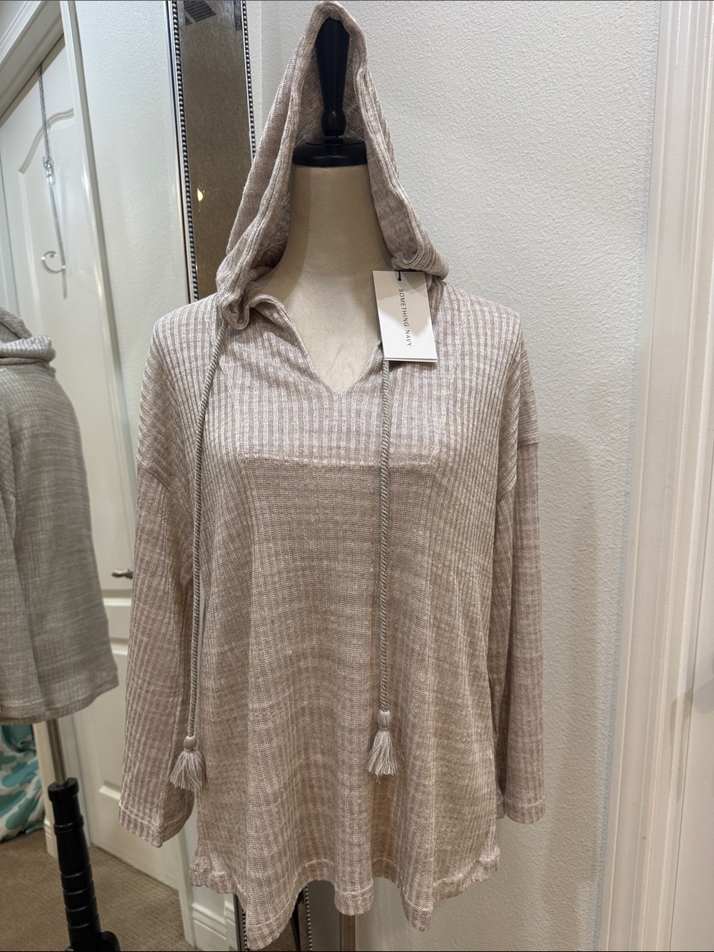 Something Navy Tan Ribbed Paz Hoodie Pullover NWT
